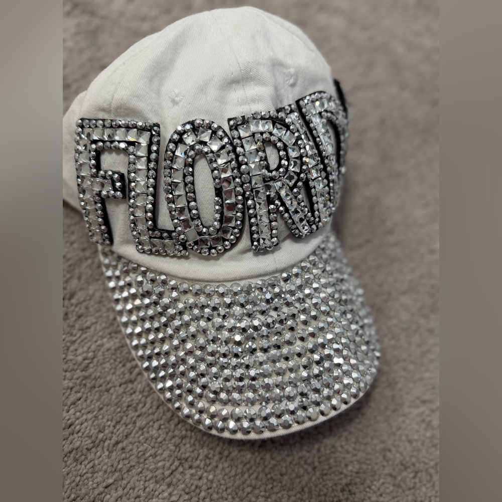 White Rhinestone Florida Cap with adjustable strap